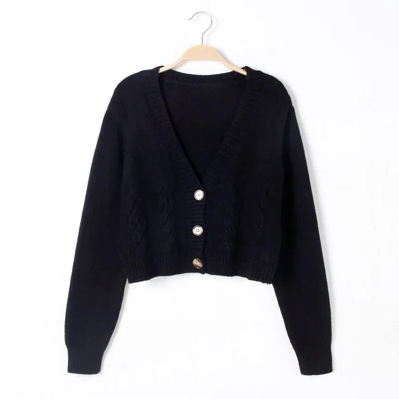 V Neck Cropped Cardigan Women Long Sleeve Twist Knitted Sweater Coats Autumn Winter Keep Warm Korean Fashion Jacket Cardigan 3