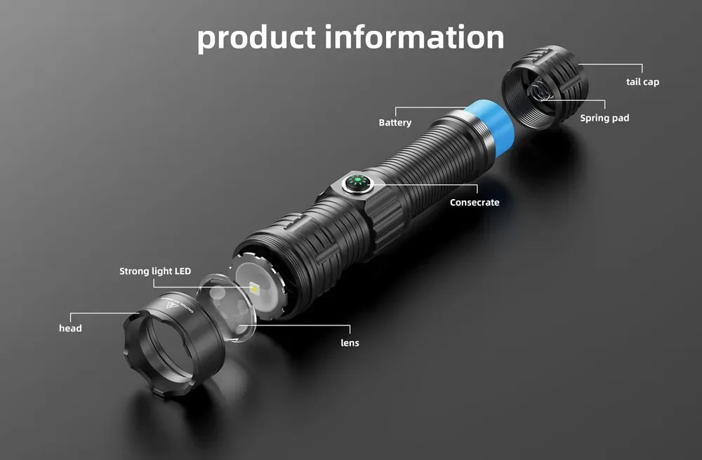 Description Picture 5 of itemHigh Power LED Flashlight USB Rechargeable Outdoor Hunting Tactical Torch Long Range Strong Light Lantern Zoom Spotlight Lamp