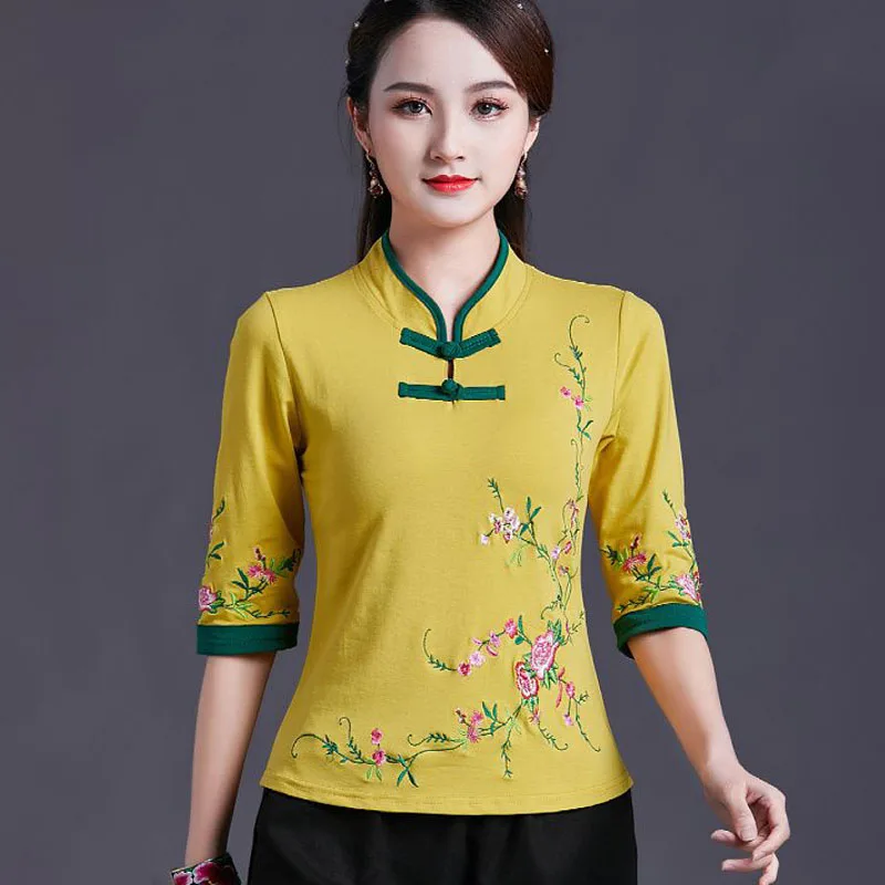 Cheongsam Women's Plus Size Tops Autumn Cotton Blend Splicing Embroidery Half Sleeve Chinese Style Retro Qipao Shirts Woman