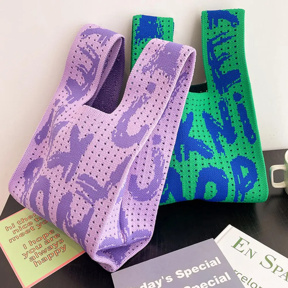 

Handmade Knit Handbag Women Mini Knot Wrist Bag Japanese Casual Color Wide Stripe Plaid Tote Bag Student Reusable Shopping Bags