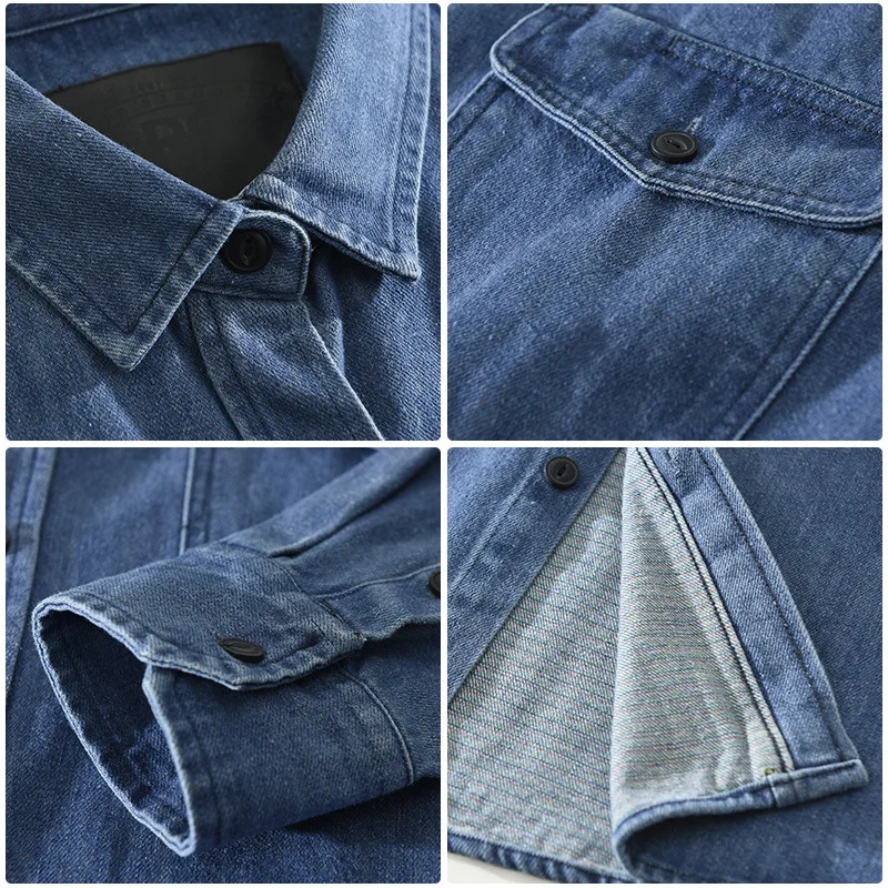 Denim Cotton Long Sleeve Shirts for Men Clothing Casual Turn-down Collar Soft White Shirt