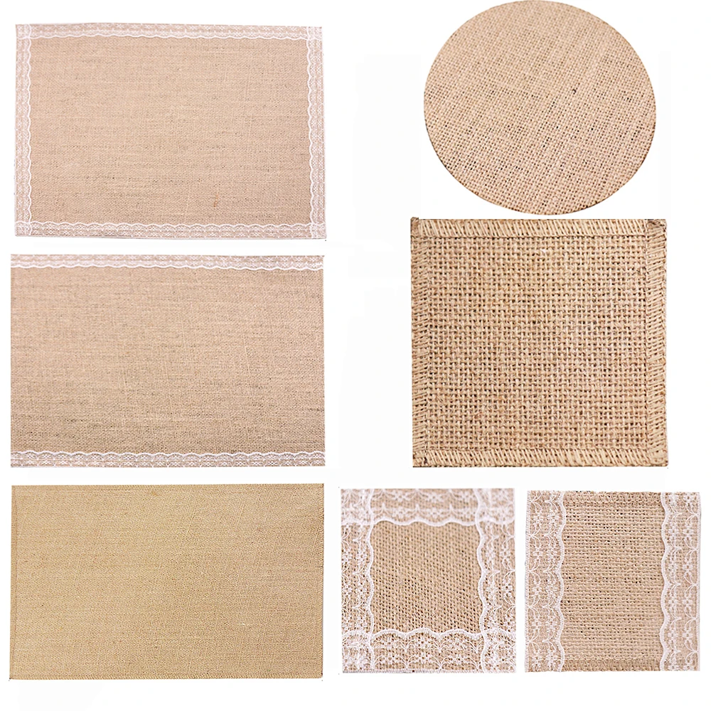 

10pcs Square Round Jute Burlap Dining Table Mat Linen Table Placemat Tea Cup Plates Mats for Home Wedding Christmas Party Decor