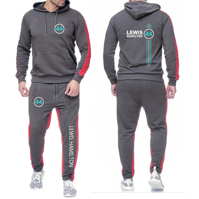 

F1 Driver Lewis Hamilton Digital 44 Men's Sportswear Fashion Fleece Sweatshirt Long Sleeve Solid Color Tops +Jogger Pants Set