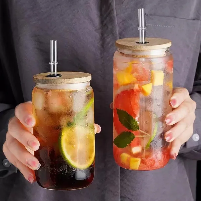 350ml Transparent Covered Glass Straw Cup Beer Milk Transparent Bubble Tea Cup