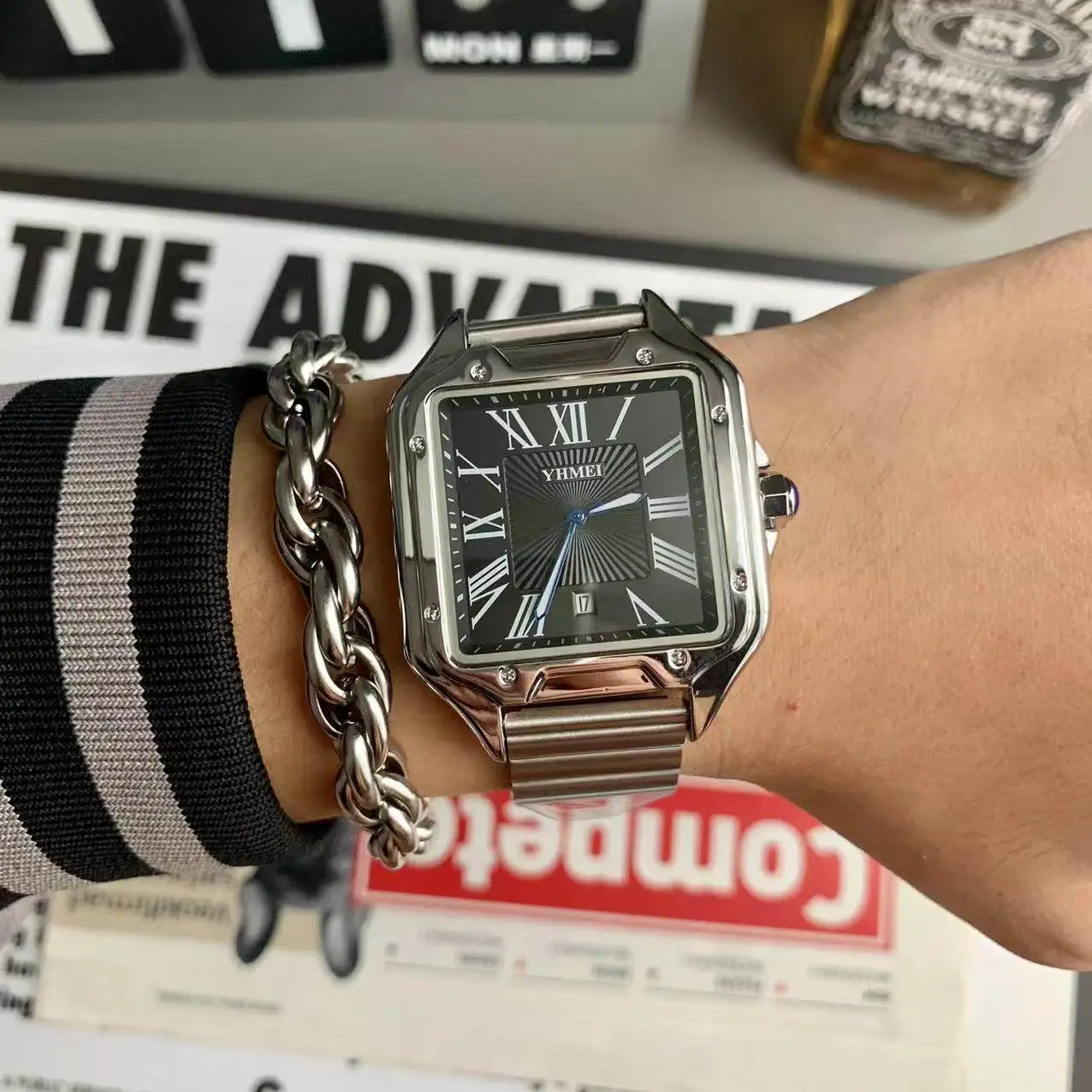 Luxury Watch for Men Square Rectangle Reloj Sliver Orologio Black Leather Strap Stainless Steel Quartz Wristwatch Male Man Clock