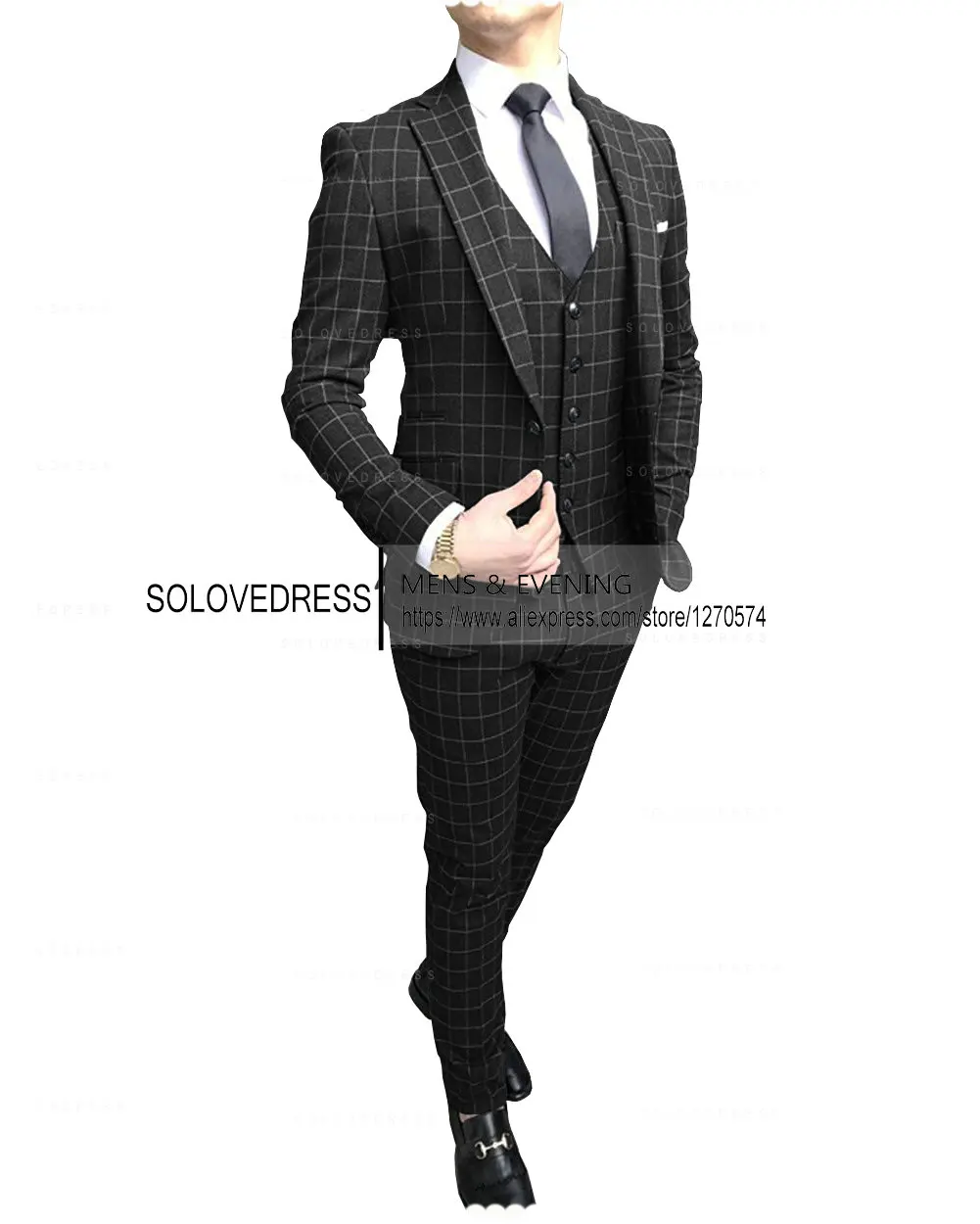2023 Men’s Suits 3 Piece Regular Fit Vest Men Suit Formal Peak Lapel Plaid Wedding Groomsmen Coat+Pant+Vest