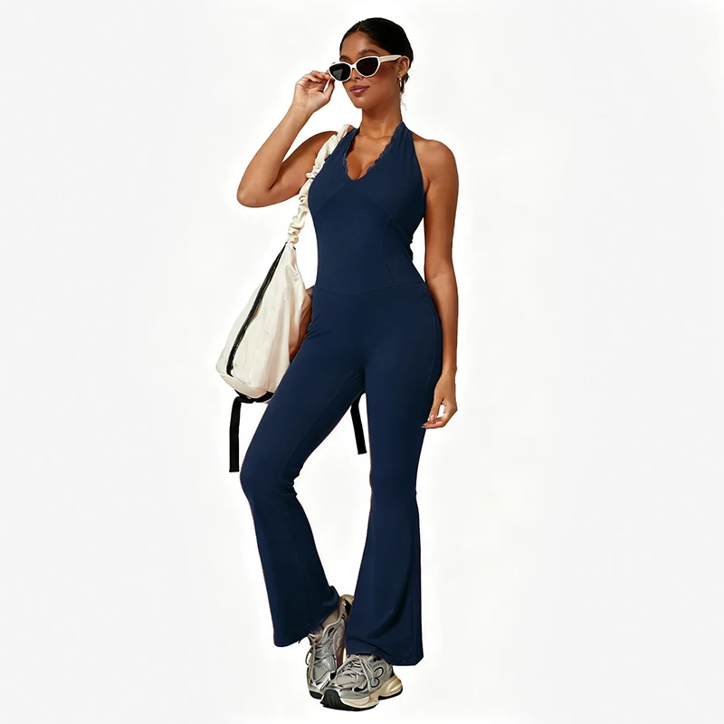Neuer Halter V-Ausschnitt Pilates Yoga Jumpsuit Damen Einteiler mit Spitzen-Patchwork Sexy Tailliertes Sportoutfit Eleganter Einfarbiger Workout-Bodysuit – Detail 14