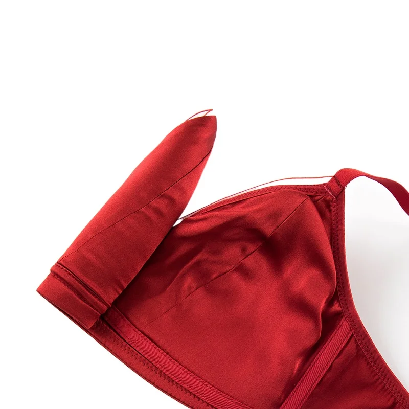 Women's Fashion Sexy Underwear Set Big Red Back Three Row Buckle Thin Fixed Shoulder Strap Natural Mulberry Silk Bra