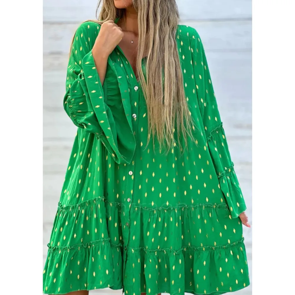 

Boho Dot Print Loose Shirt Dress Women 2024 Spring New Fashion Ruffles Patchwork V-neck Flare Sleeve A-line Beach Party Dresses