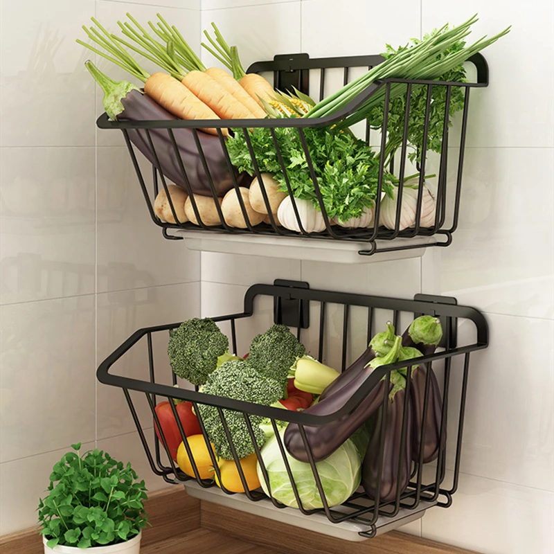 

Stainless Steel Wall Hanging Storage Baskets Spice Rack Fruit Vegetables with Drain Tray Dish Drying Shelf Kitchen Container