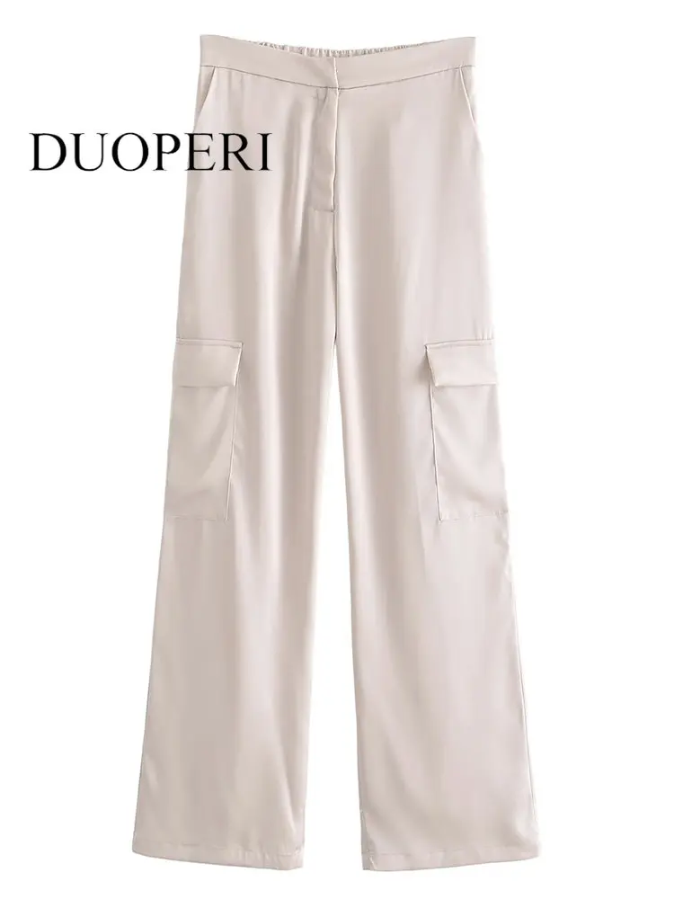 

DUOPERI Women Fashion With Pockets Beige Front Zipper Cargo Pants Vintage High Waist Full Length Female Chic Lady Trousers