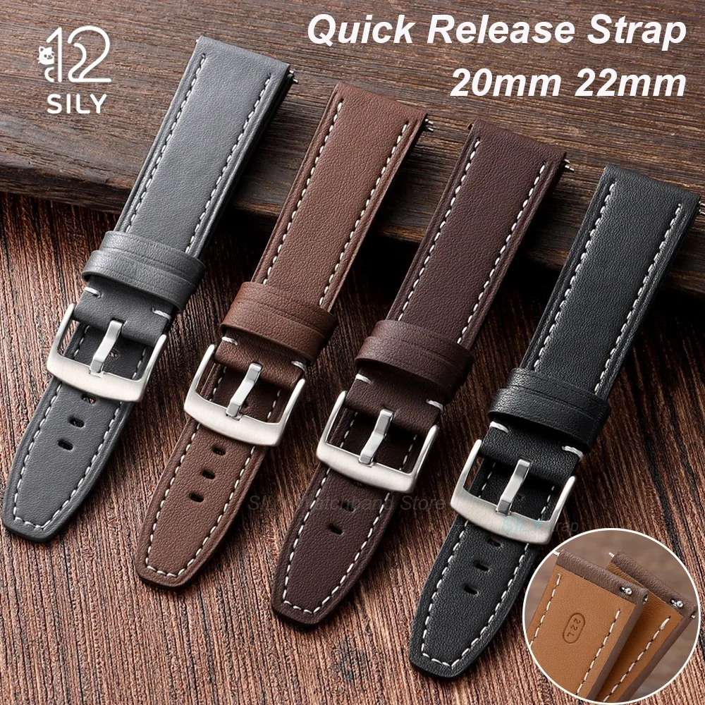Vintage Leather Watchband with Metal Pin Buckle - Quick Release Strap