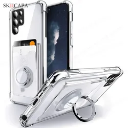 Clear Wallet Card Phone Case with Ring Holder and Airbag Corners - Shockproof Soft Cover - Samsung S23Ultra (Silver)