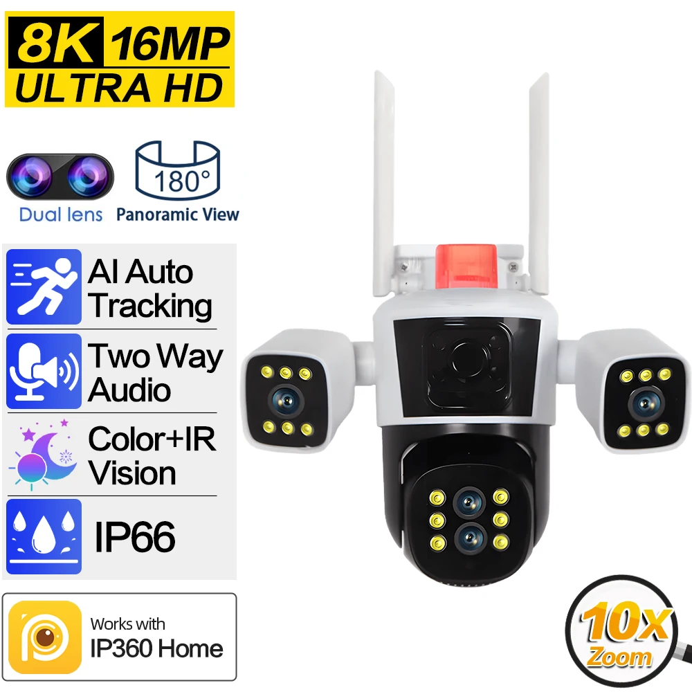 10X Zoom 4K 16Mp Wifi Ip Camera Outdoor Four Lens Ptz Telecamera Di Sicurezza Auto Tracking Wireless Cctv Sistema Di Videosorveglianza P2P