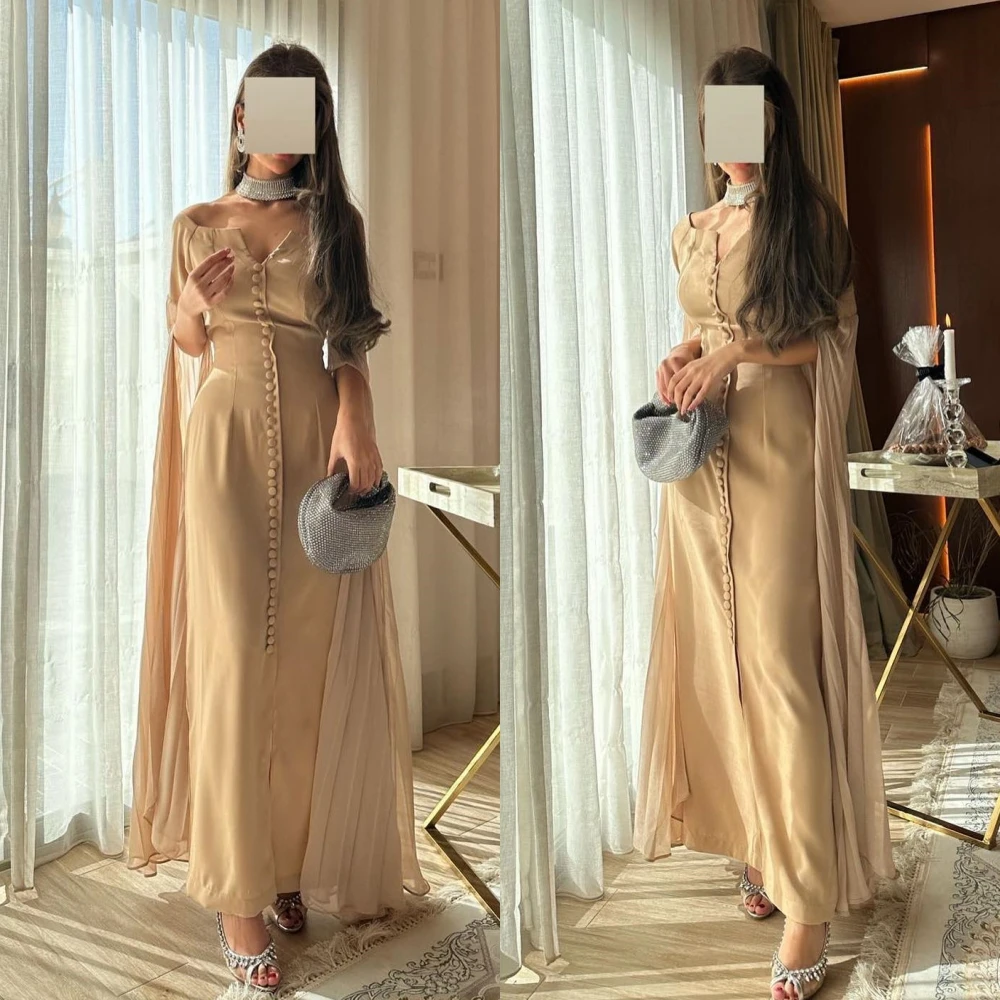 Prom Dress Saudi Arabia Satin Button Draped Valentine's Day A-line Off-the-shoulder Bespoke Occasion Gown Long Sleeve Dresses