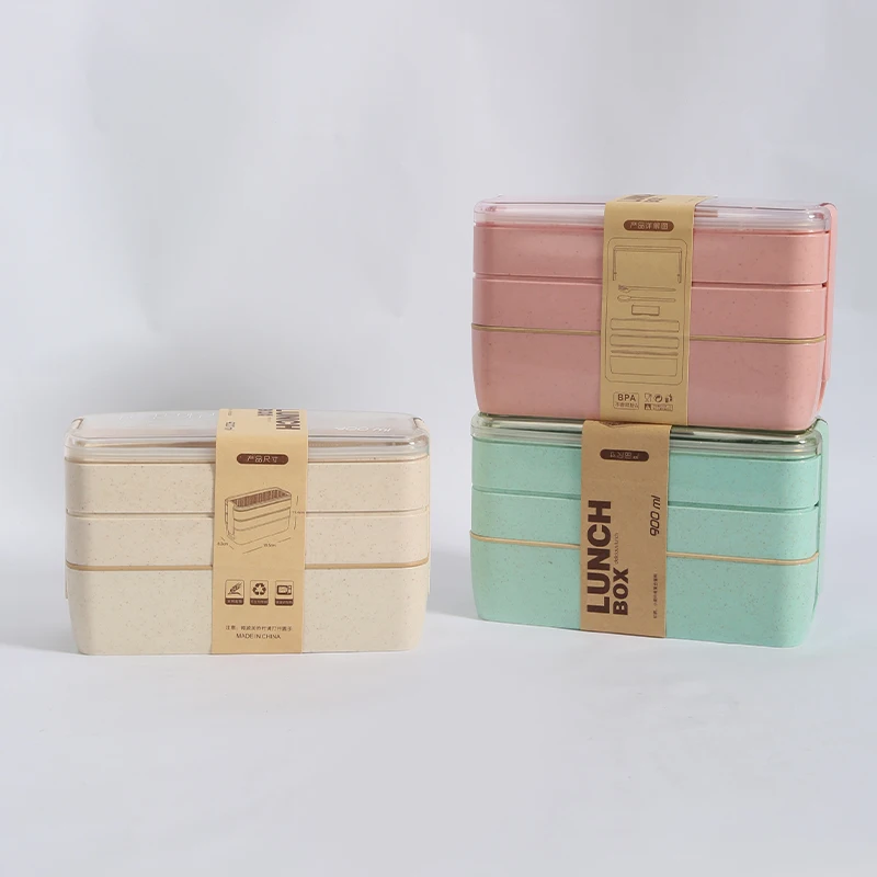 Description Picture 2 of item1pc Square Three Wheat Straw Fibre Plastic Lunch Box Students Adult Lunch Box With Cutlery