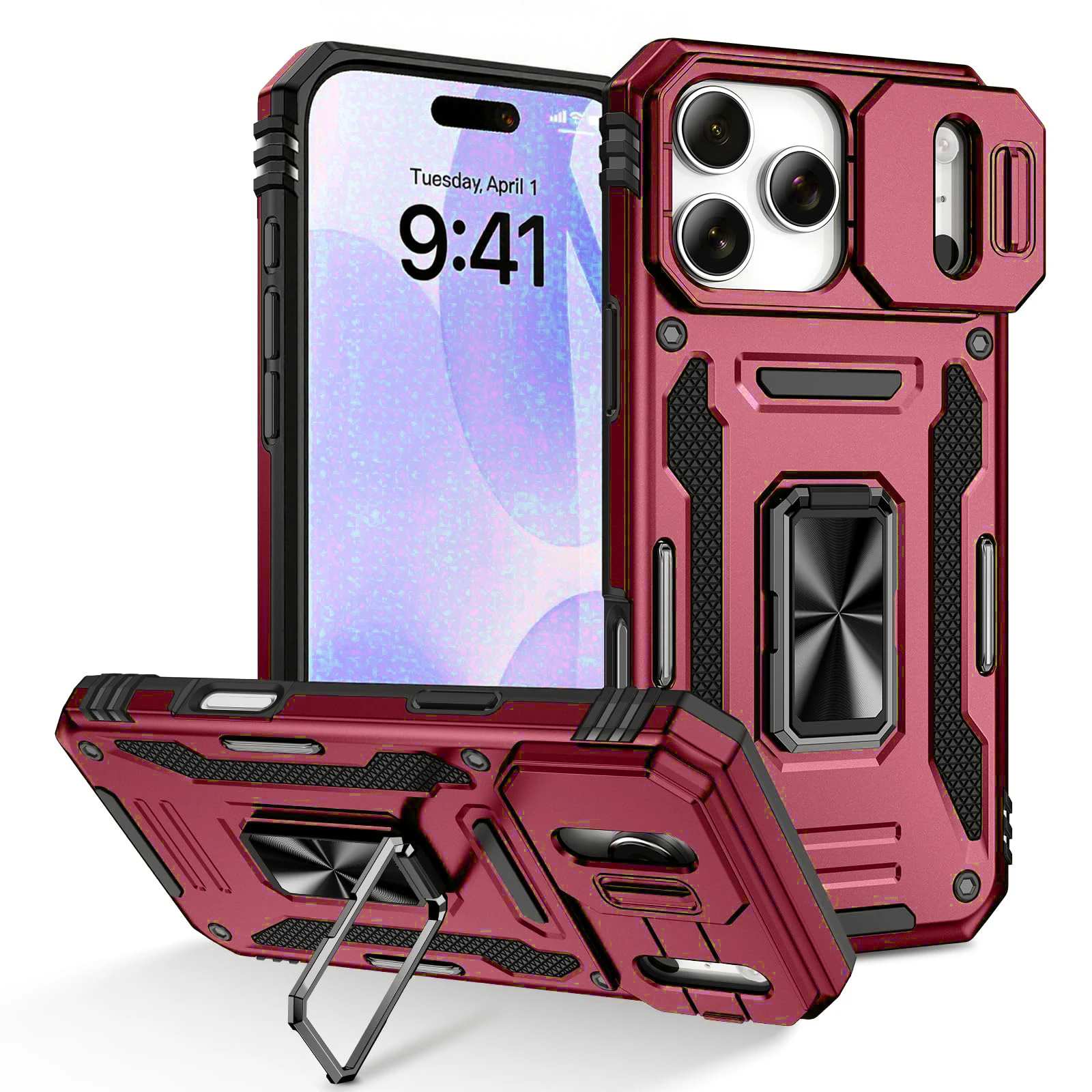 Enhanced Armor Ring Stand Kickstand Case with Slide Camera Cover and Anti-Fall Protection