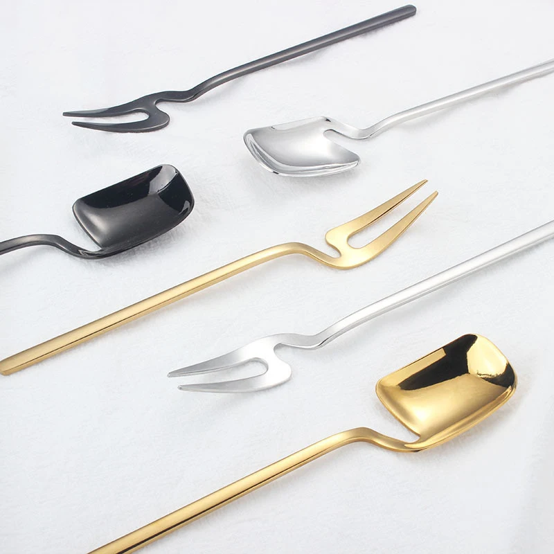 Stainless Steel Fruit Fork Wall-mounted Gold Plated Long Handle Stylish Latte Ice Cream Sundae Coffee Spoon 1pcs stainless steel spoon fruit fork