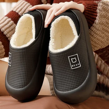 Waterproof Cotton Slippers for Women Men Winter Outdoor Indoor Non slip Home Plush Shoes Thick Bottom Cute Bear Shoes Couple 1