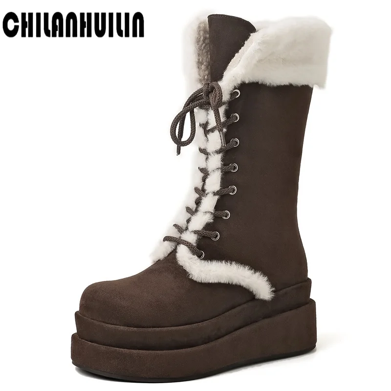 

women leather fur winter snow boots warm plush thick platform flat ankle boots wear-resistant casual wither women outdoor shoes