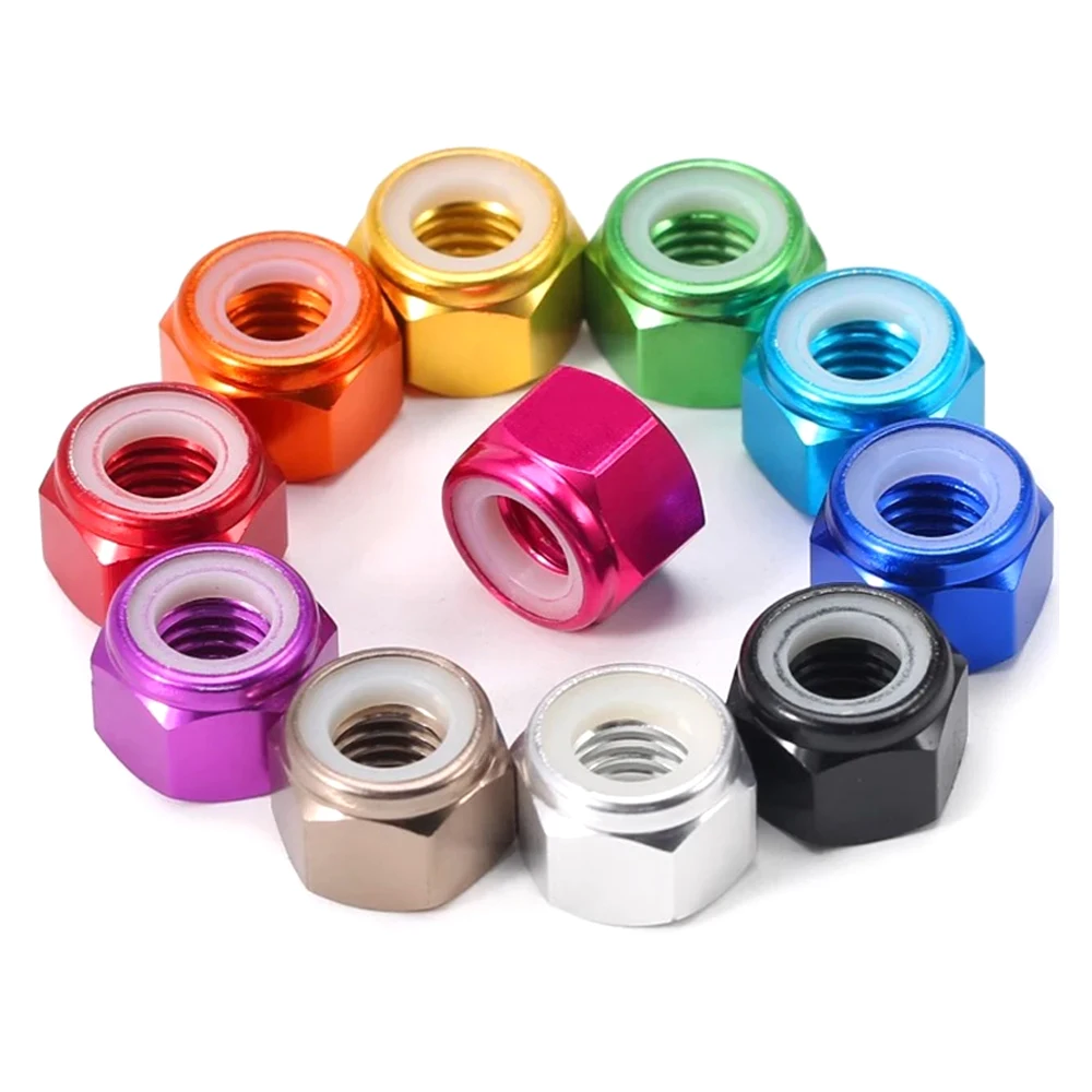 M2 M2,5 M3 M4 M5 M6 M8 Aluminium Sechskant Nylon Sicherungsmutter eloxiert mehrfarbig bunte Aluminiumlegierung Einsatz Sicherungsmuttern 5 Stück-10 Stück – Detail 4