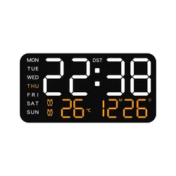 Enhanced LED Digital Wall Clock with Temperature, Date, and Dual Alarm Function - 12/24 - Hour Display, No Battery Needed (Black shell orange)