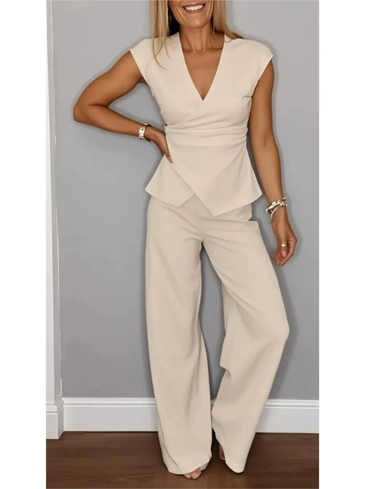 Women's summer V-neck lantern sleeve short top high waisted wide leg pants fashion casual set