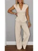Casual Sleeveless V-neck Neckline Pleated Button Sleeveless Top 2piece Set Elegant Women Office Wide-leg Long Pants Twopiece Set 1