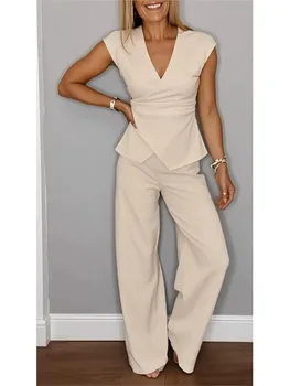 Casual Sleeveless V-neck Neckline Pleated Button Sleeveless Top 2piece Set Elegant Women Office Wide-leg Long Pants Twopiece Set 1