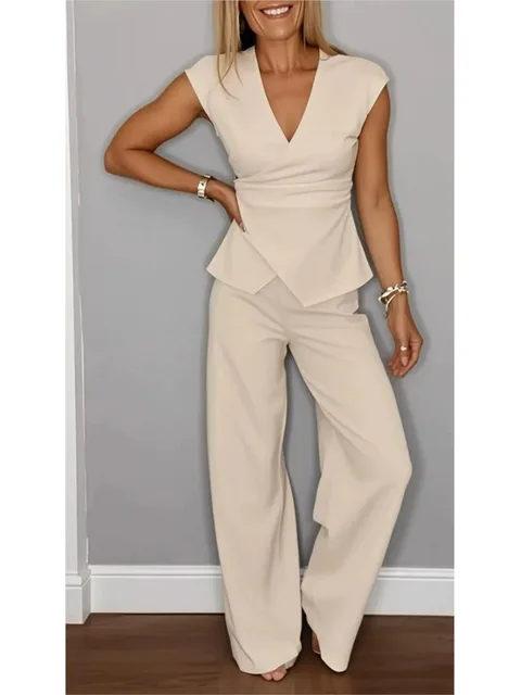 Casual Sleeveless V-neck Neckline Pleated Button Sleeveless Top 2piece Set Elegant Women Office Wide-leg Long Pants Twopiece Set 1