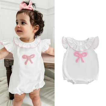 Baby Girls Ruffled Romper with Bow Embroidery and Fly Sleeves 1