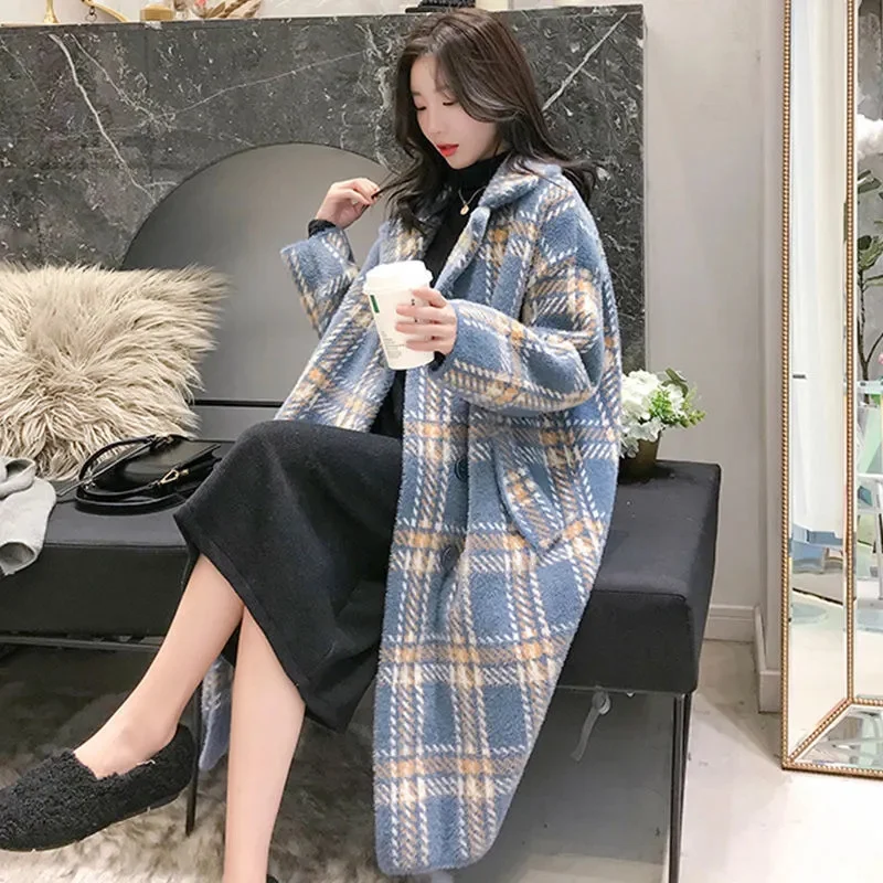 Mink Fleece Autumn/Winter Checkered Coat Medium Long Korean Loose Knitted Coat 2023 New Thickened Sweater Set Collar Coat Pink