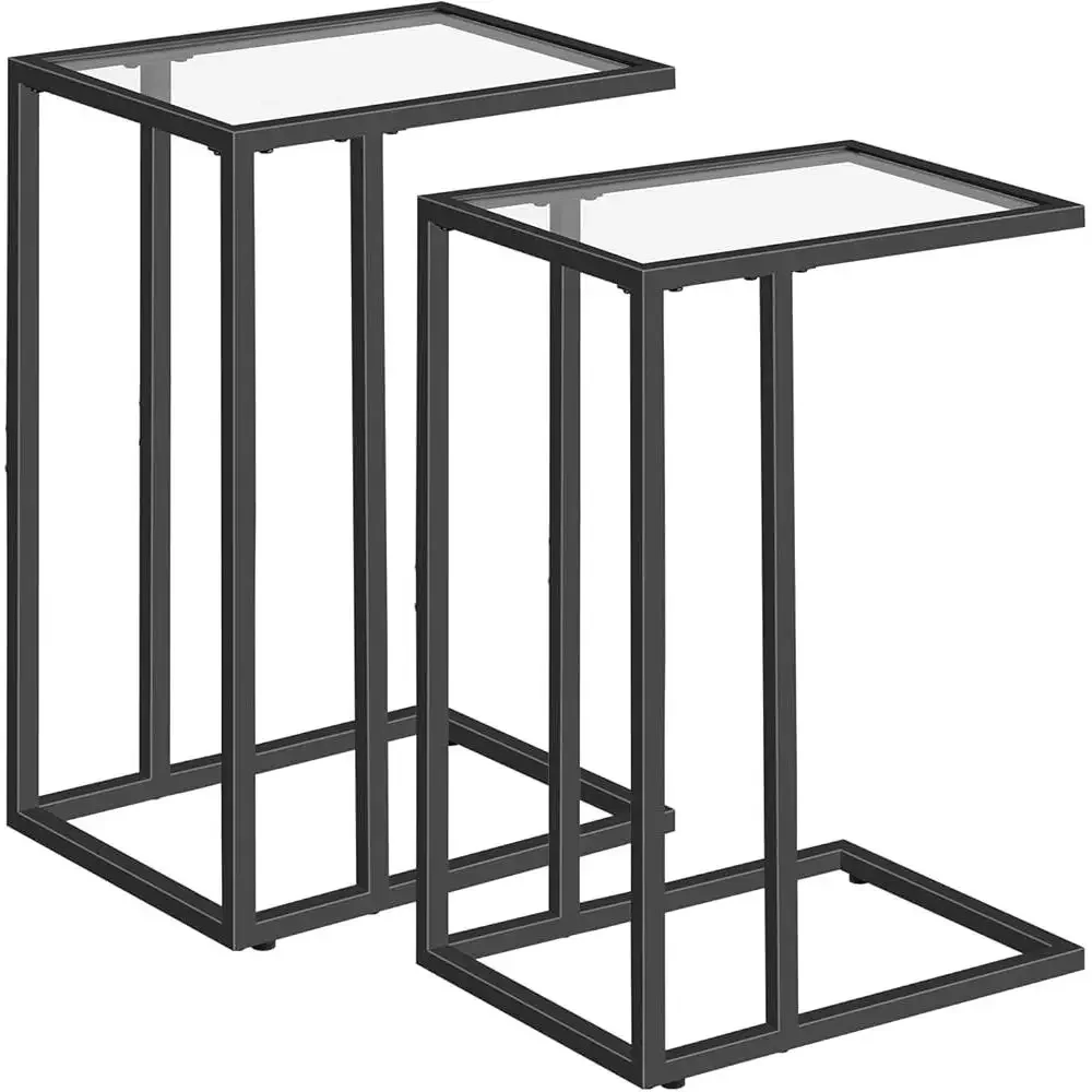 C Shaped End Table Set of 2 Modern Tempered Glass Snack Table Sofa Couch Bed Small Space Use 2