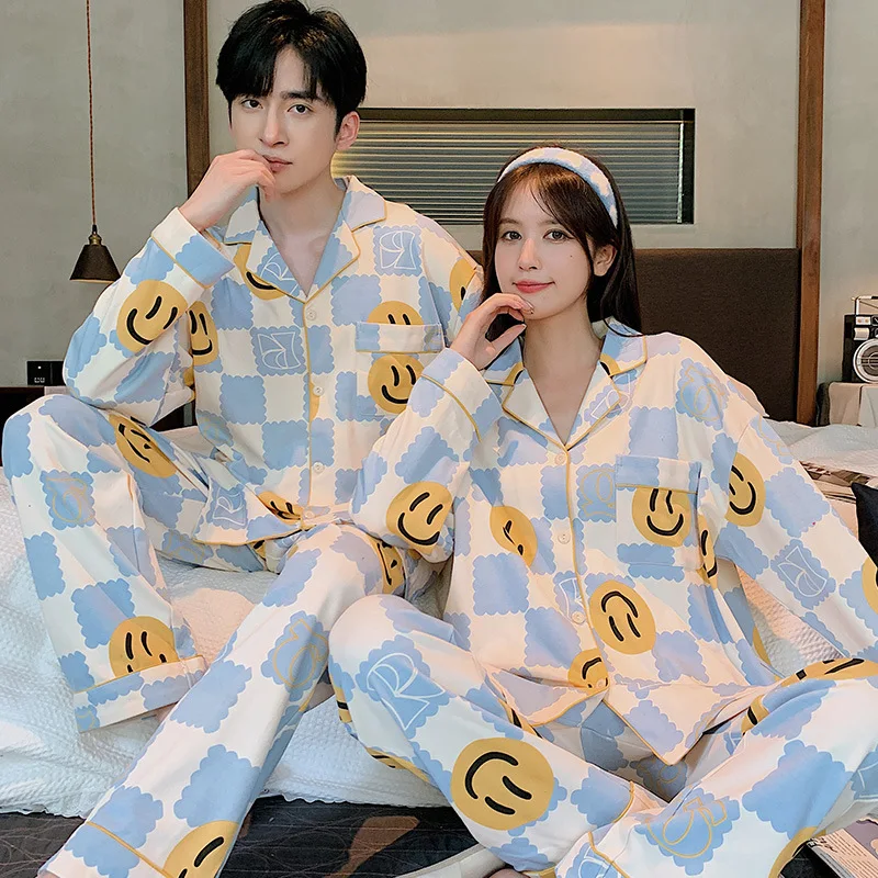Youth Couple's Pajamas Spring Cotton Cartoon Cute Men and Women Matching Lounge Wear Lapel Sweet Print Pjs pijama mujer hombre
