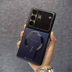 Fashion Lens Protection Case with Invisible Kickstand and Magnetic Cover for Galaxy S23 Ultra (Blue)
