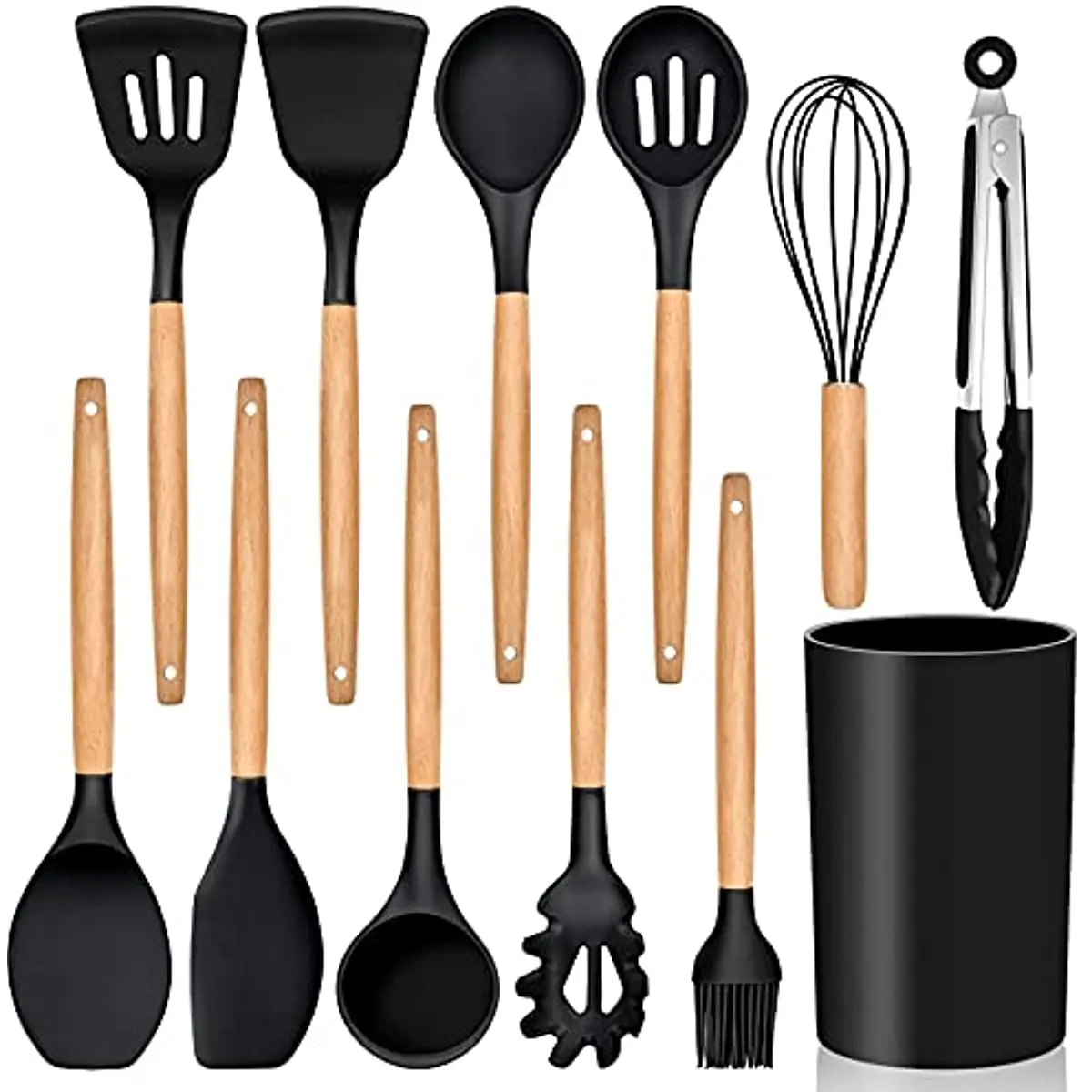 12pcs Wooden Handle Silicone Kitchen Utensils Cooking Non-stick Pan Storage  Bucket Egg Whisk Hot Mix Stir-Fry Cookware Set