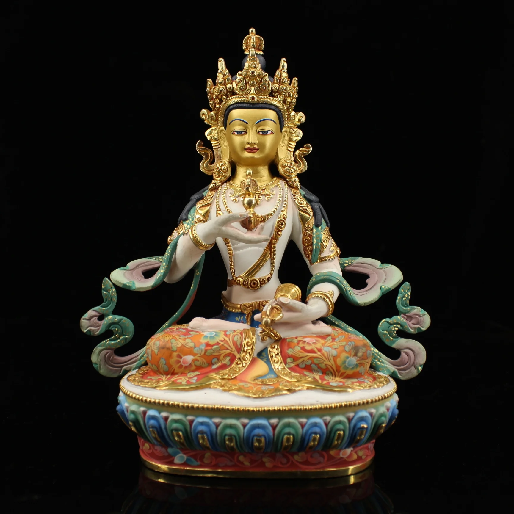 

9"Tibet Temple Collection Old Purple Bronze Gilded Face Painting Painted Vajrasattva Dorje Sempa Lotus Terrace Sitting Buddha