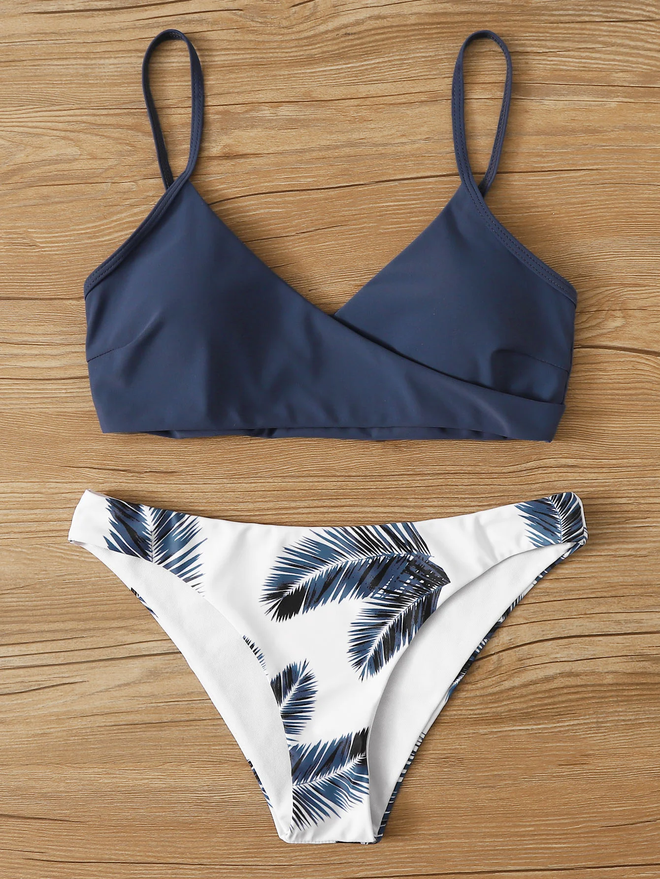 Women's Wrap V Neck Bikini Set - Solid Top & Tropical Palm Print Bottom, Spaghetti Straps High Cut Two Piece Swimsuit for Beach 5