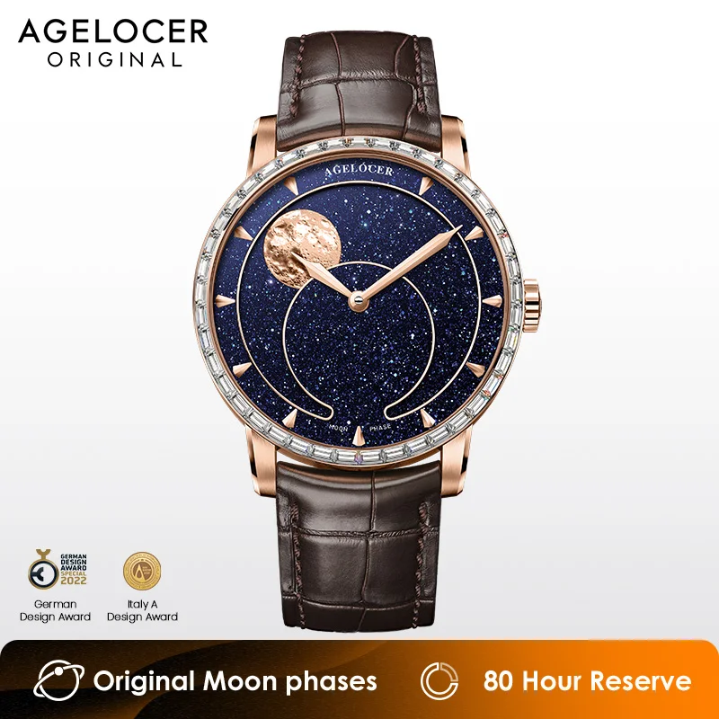 Agelocer 自動巻き時計 グラディエントブルー Agelocer-機械式自動時計,月の満ち欠け,天文学の時計,青い