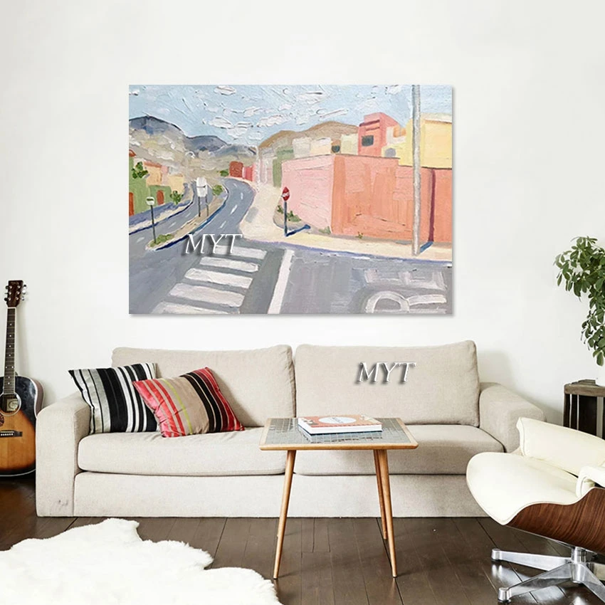 

New Design Texture Art Wall Beautiful Landscape 3d Picture Linen Canvas Oil Painting Abstract Hand Drawing Road With Building