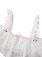 Sexy Lace Lingerie Set with Bow Detail and Thong Panties Sheer Nightgown with Colorful Trim and Frilly Bra