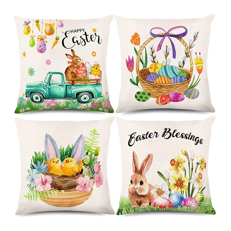 

Easter Pillow Cover Bunny Pillow Case Easter Cushion Cover Truck Egg Hunt For Home Office Sofa Bed Couch,18X18 Inch,4Pcs