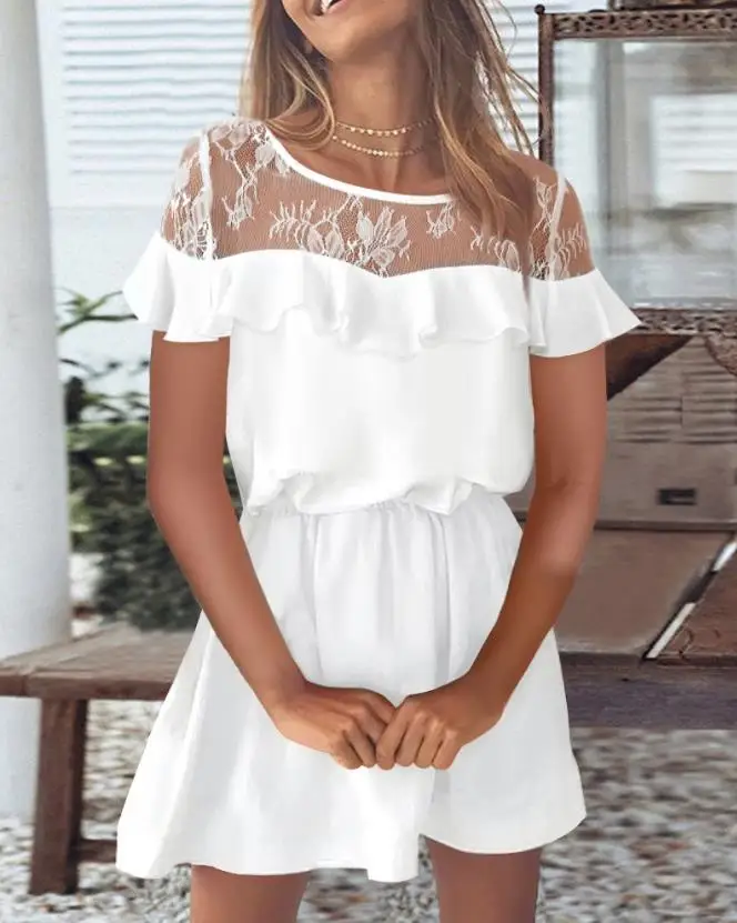 

Elegant Women's Short-Sleeved Mini Dress Summer 2023 New White Contrast Lace Ruffle Hem Round Neck Casual Dress A Line Dress