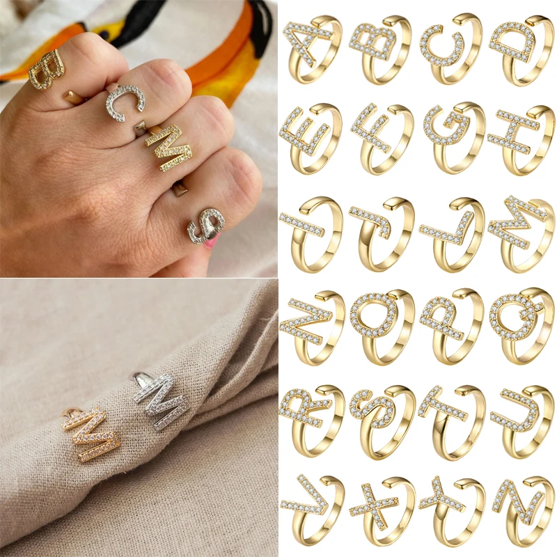 Himeisang Trendy Gold Silver Plated Pave Zircon A-Z Letter Rings For Women Men Initial Name Alphabet Creative Finger Rings