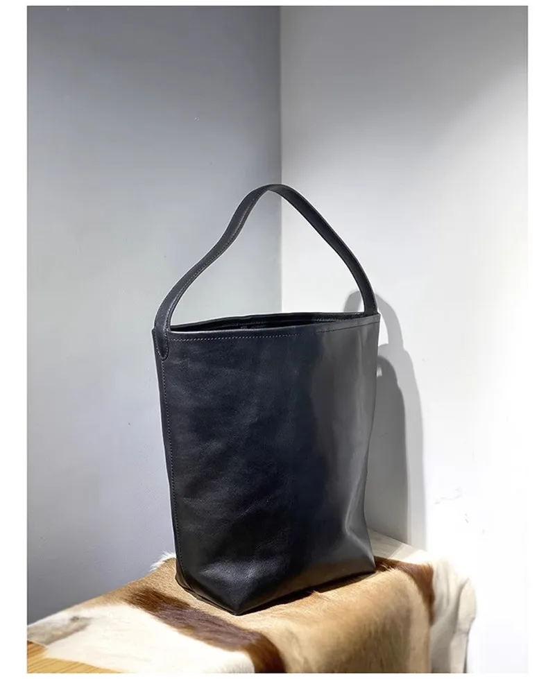 PNDME einfache lässige hochwertige echtes Leder Damen Eimertasche Outdoor Designer Luxus natürliche weiche Rindsleder Umhängetasche – Detail 24