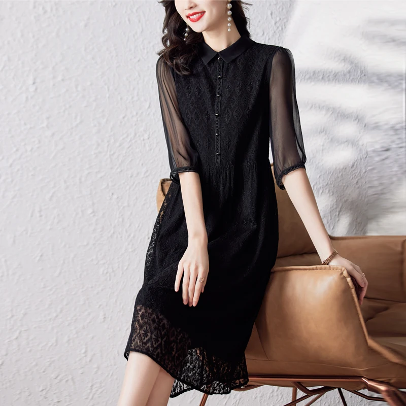 

2023 Women's Black Silk Heavy Industry Embroidery Long Sleeve Dress Autumn New Polo Neckline Slim Large Lace Panel Long Dress