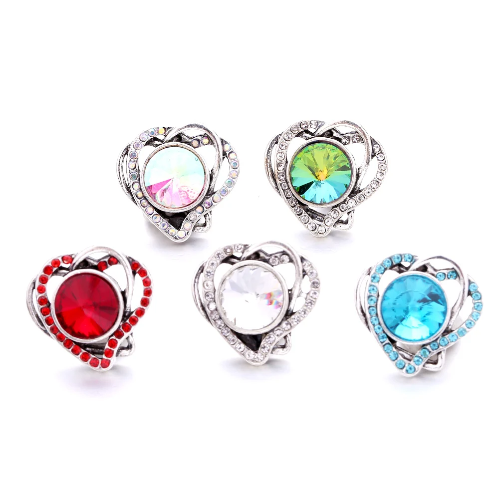 20pcs Vintage Crystal Heart 18mm Metal Snap Buttons Fit Snaps Bracelet Necklace Jewelry