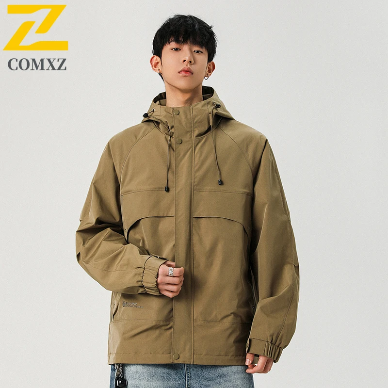 Men's Spring Autumn Workwear Jacket Windproof Waterproof Korean Style Hooded Parka Multi-Pockets Breathable Outdoor Casual Wear