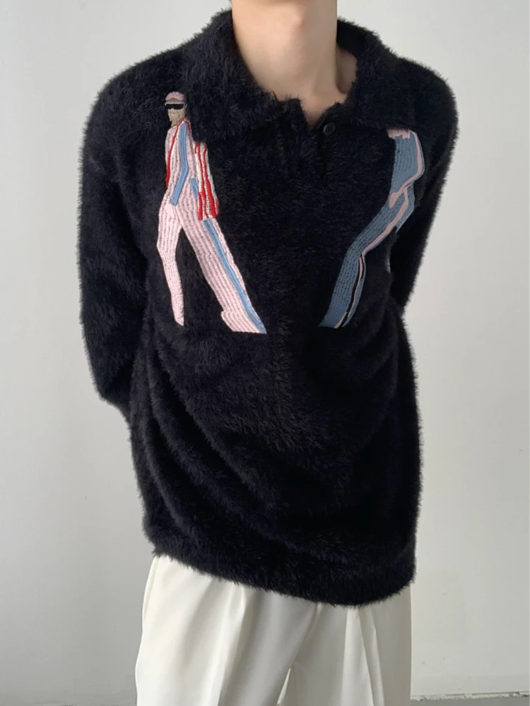 Pullover Lapel High-Grade Color Embroidered Warm Sweater Autumn and Winter Thickened Round Neck Top Basic Color Loose Simple 1Pc
