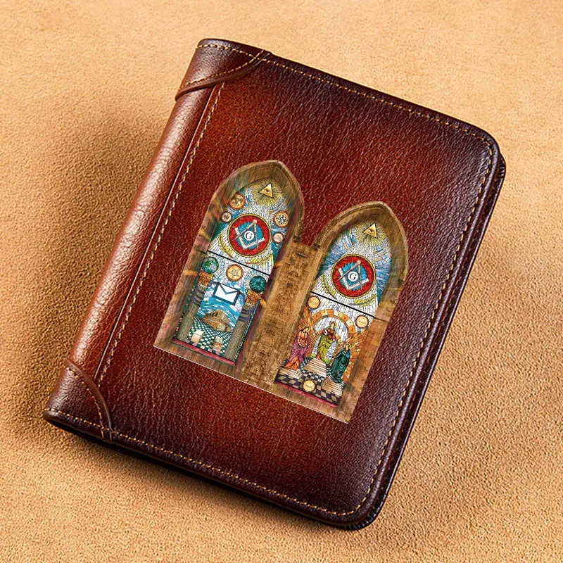 High Quality Genuine Leather Men Wallets Freemasonry Eye of God Cover Short Card Holder Purse Trifold Men's Wallet BK3884